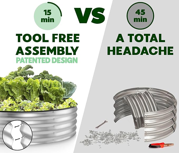 Round Galvanized Raised Garden Bed // 4×4×1 ft Galvanized Raised Garden Beds Outdoor for Gardening, Vegetables, Flowers // Patented Tool-Free Design Round Planter (Silver)