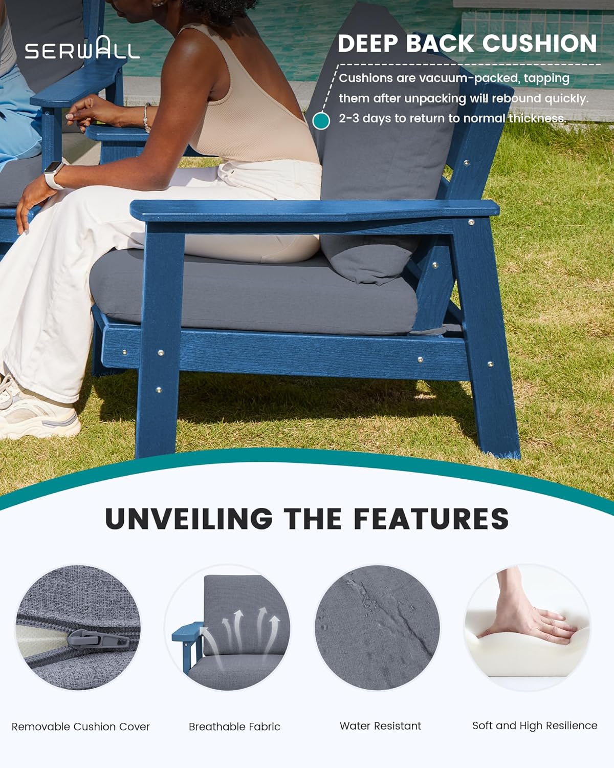 SERWALL HDPE Outdoor Patio Loveseat, Blue Frame and Grey Cushion