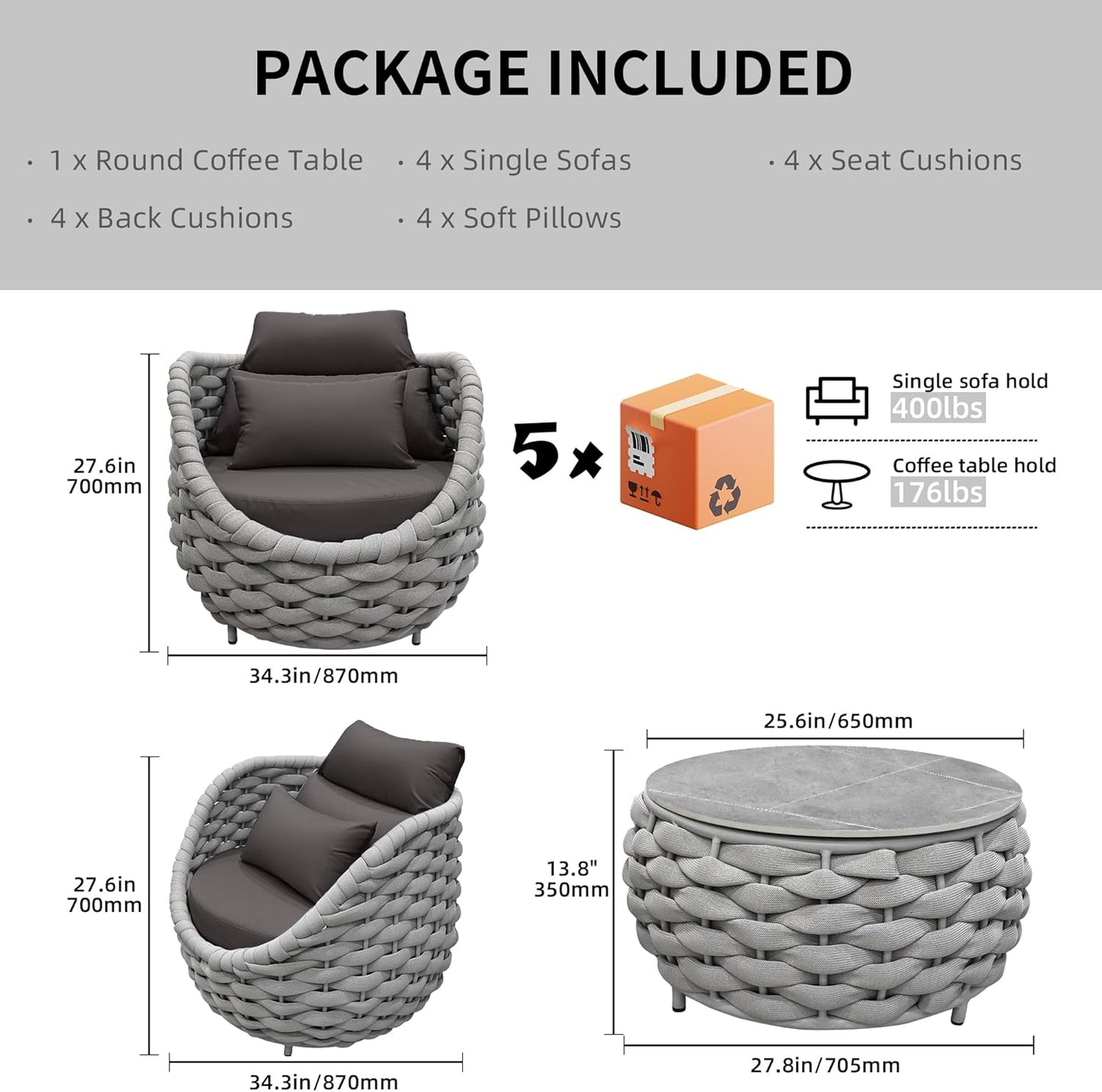 TWT Aluminum Outdoor Patio Furniture Set, 4 Textilene Armchairs Modern Outdoor Conversation Set Outdoor Single Sofa with Upgrade Cushion and Coffee Table for Balcony
