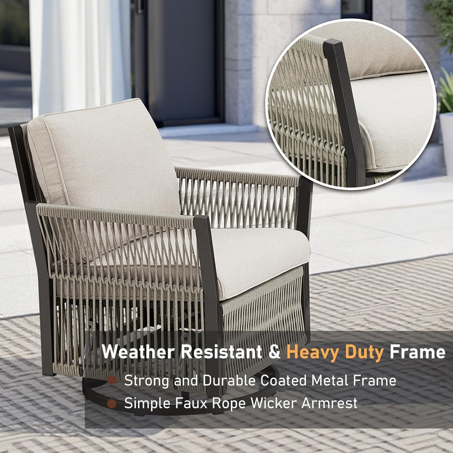 Patio Furniture Wicker Rope Outdoor Conversation Set, 9-Piece All Weather Patio Furniture Rattan Swivel Rocking Chairs w/Ottomans, Side Table for Backyard, Balcony, Deck, Beige