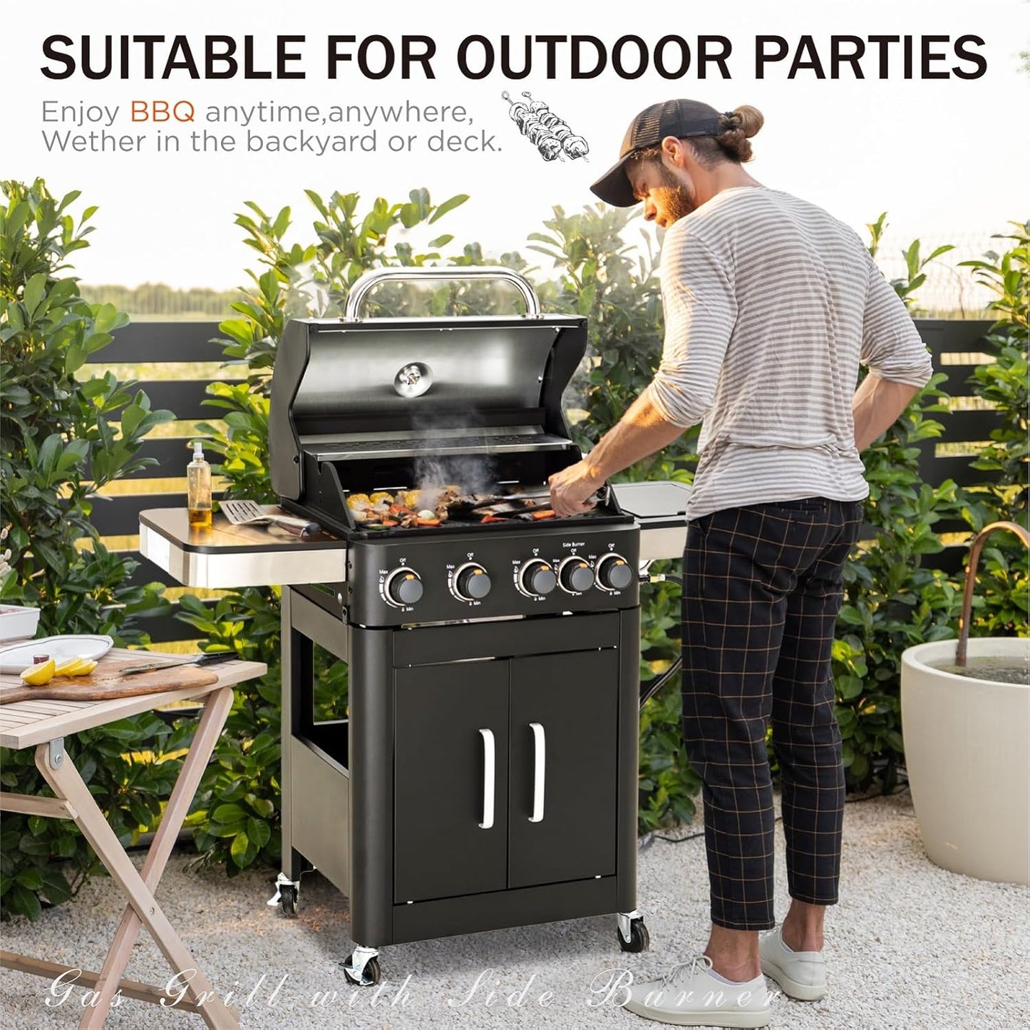 Sophia & William 4-Burner Gas BBQ Grill with Side Burner & Porcelain-Enameled Cast Iron Grates, Outdoor Cooking Propane Grills Cabinet Style Garden Barbecue Grill, 46,700BTU, Black