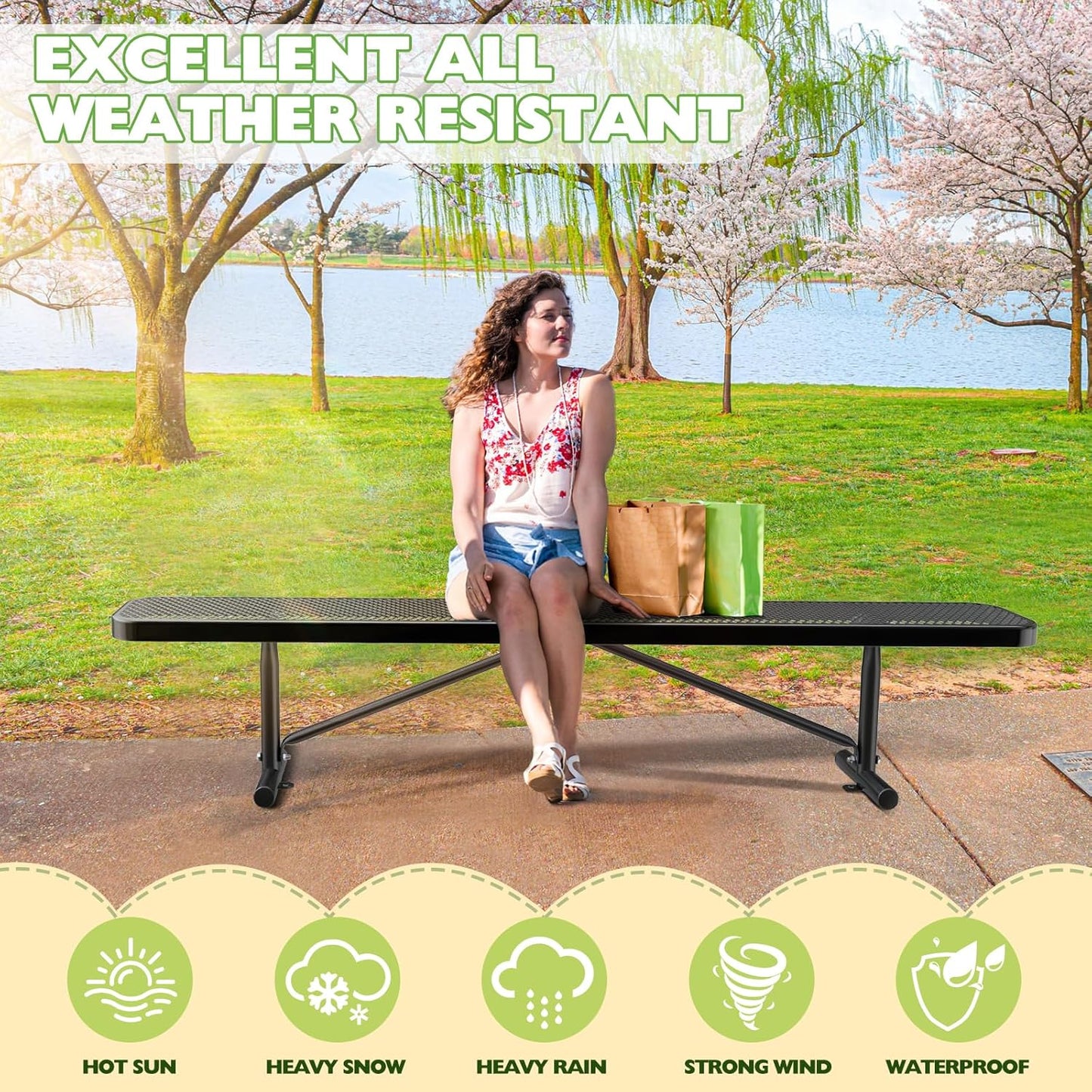 Heavy-Duty Park Bench or Table for Outside - Black Coated Outdoor Furniture Steel Bench, Commercial-Grade Outdoor Benches Weatherproof for Park, Patio, Porch (Black, 8FT (Without Backrest))