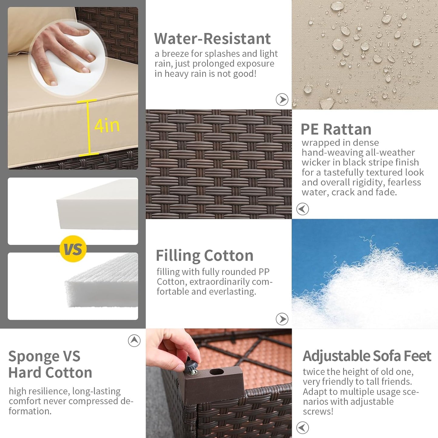 Rattaner Patio Furniture 3-seat Sofa Wicker Outdoor Furniture Outdoor Couch Deep Seat Hight Backrest Waterproof Cover Anti-Slip Cushions, Khaki