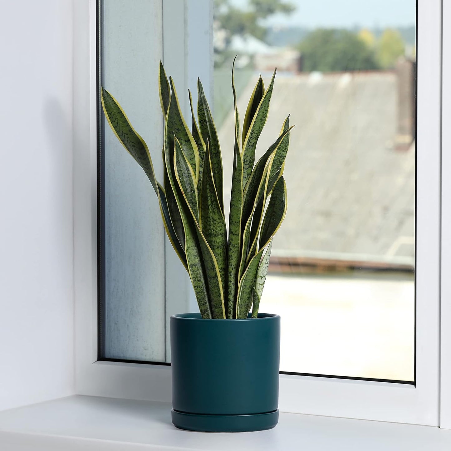 D'vine Dev 6 Inch & 8 Inch & 10 Inch, Set of 3 Round Ceramic Planter Pot with Drainage Hole and Saucer, Teal, 94-T-L-9