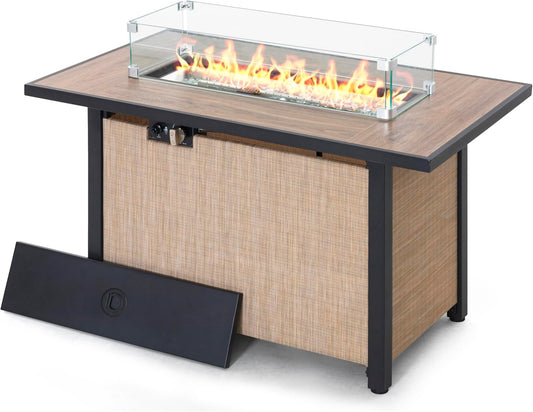 Nuu Garden 43" Propane Fire Pit, CSA-Listed Outdoor Fire Pit Table, 50000 BTU Gas FirePit with Lid, Glass Wind Guard, Glass Beads, 2-in-1 Rectangular FirePit for Outside Backyard Patio, Light Brown