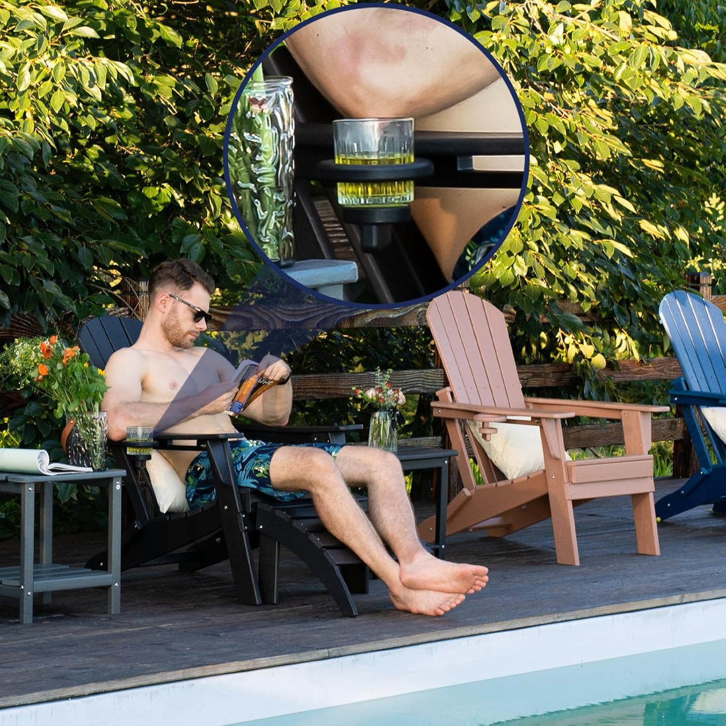 Folding Adirondack Chair - Extended Ergonomic Backrest, Cup Holder - Easy Assembly - Durable HDPE Plastic, Weather Resistant & Maintenance-Free - Lawn, Patio, Deck Supports 380lbs Black