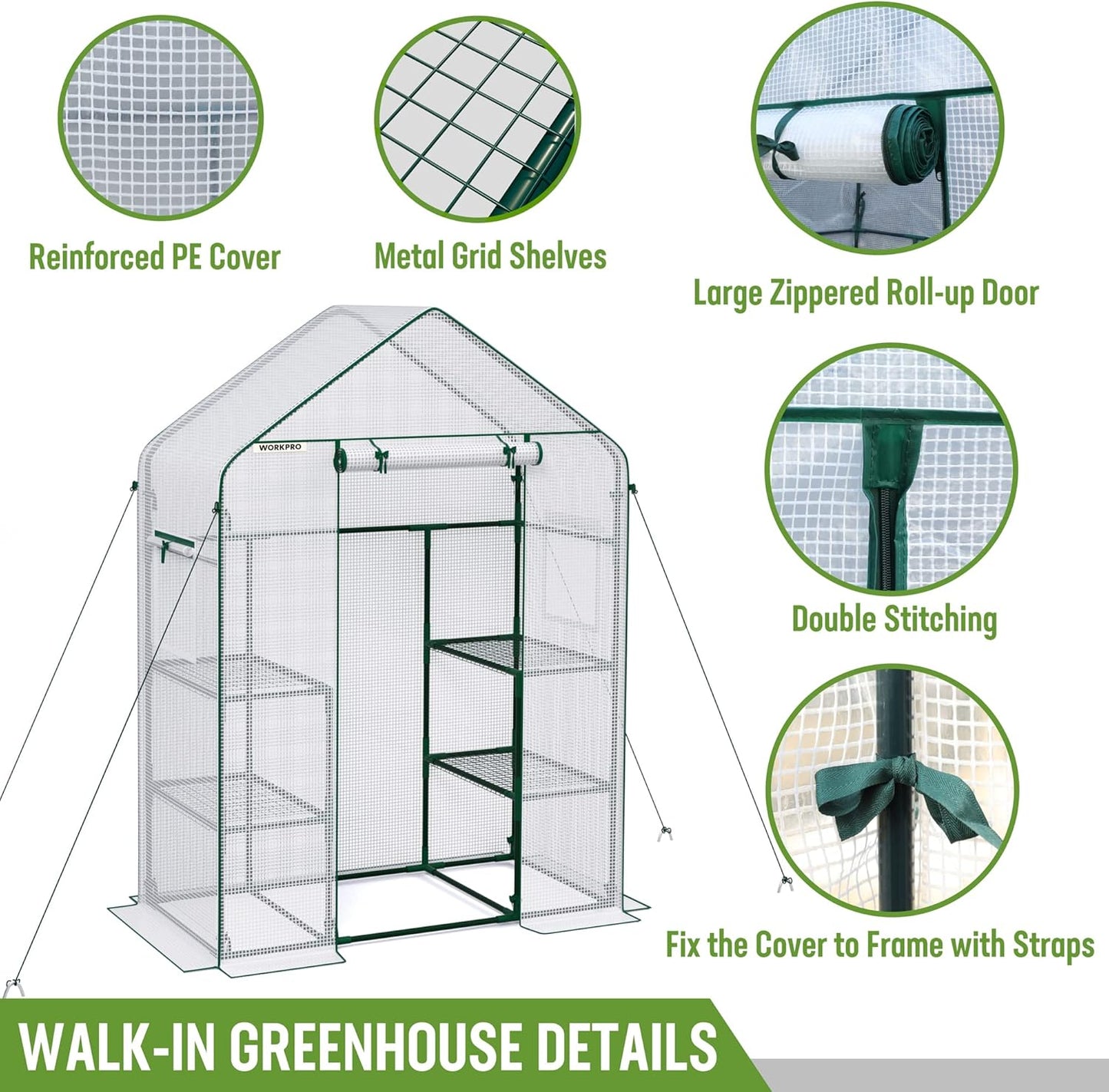 WORKPRO Greenhouse, 56"X 28" X 77" Portable Small Greenhouses for Outdoors & Indoors, Sturdy Green House Kit with Thicken PE Cover, Windows, 3 Tier 4 Shelves for Patio, Backyard, Balcony