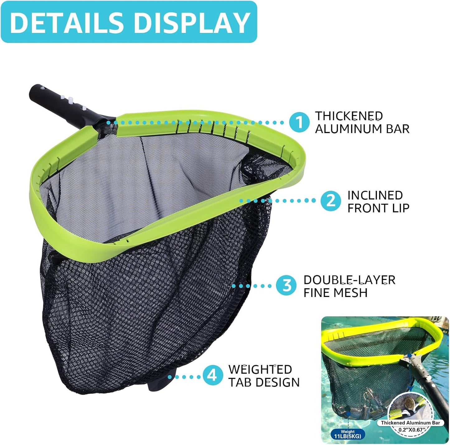 Sepetrel Deluxe Swimming Pool Cleaning Kit Including Professional Leaf Skimmer Net,Half-Depth Fine Mesh Net,17.5" Pool Brush Head & Hand Scrub Brush(NO Pole)