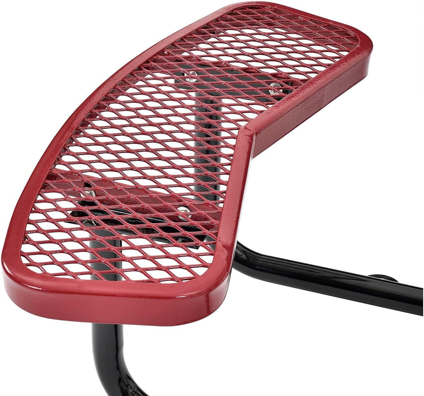 Global Industrial 46" Round Picnic Table, Expanded Metal, Red Thermoplastic Coating, Attached Benches, 1-1/2” Umbrella Pole Hole, Outdoor-Rated, 1000 lb Capacity