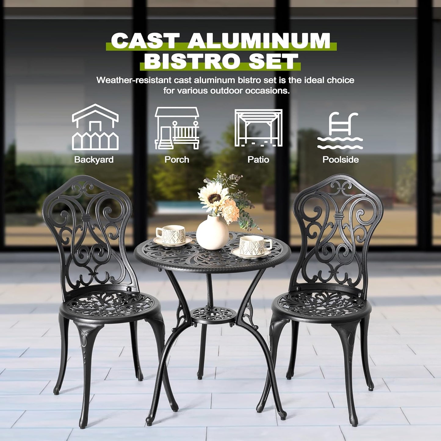 NUU GARDEN 3 Pieces Patio Bistro Set, Outdoor Bistro Set with 2 Chairs, Round Table with Umbrella Hole, All-Weather Outdoor Patio Bistro Set for Garden, Lawn, Poolside, Porch, Black