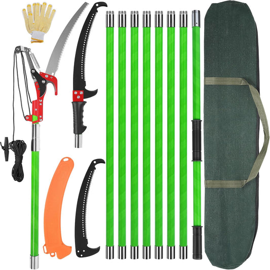 30 Ft Manual Pole Saw, Extendable Tree Pruner Blade and Scissors Set with 9 Fiberglass Handles, Long Branch Pruner Retractable for Backyard and Garden, Bush Cutting and Pruning of Palm Trees