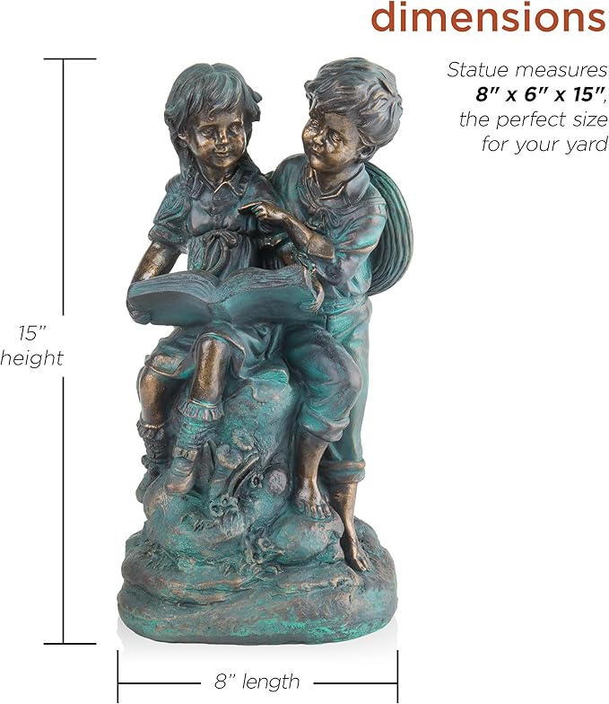 Alpine Corporation 15" Tall Indoor/Outdoor Girl and Boy Reading Together Statue Yard Art Decoration
