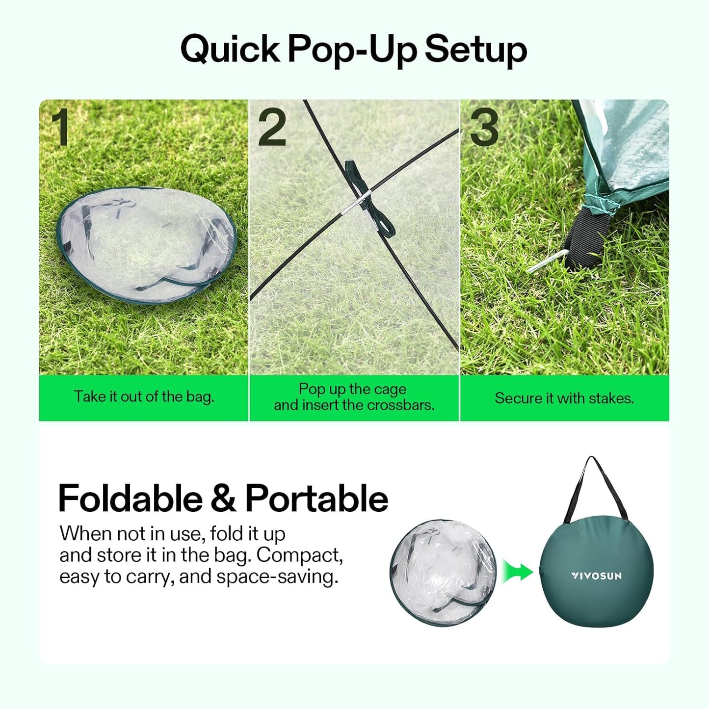 VIVOSUN 39x39x63-Inch Portable Walk-in Greenhouse, with PVC Cover & Detachable Base, Instant Pop-up and Folding, Mini Greenhouse with Roll-Up Door & Mesh Window for Indoor Outdoor, Wind Ropes Included