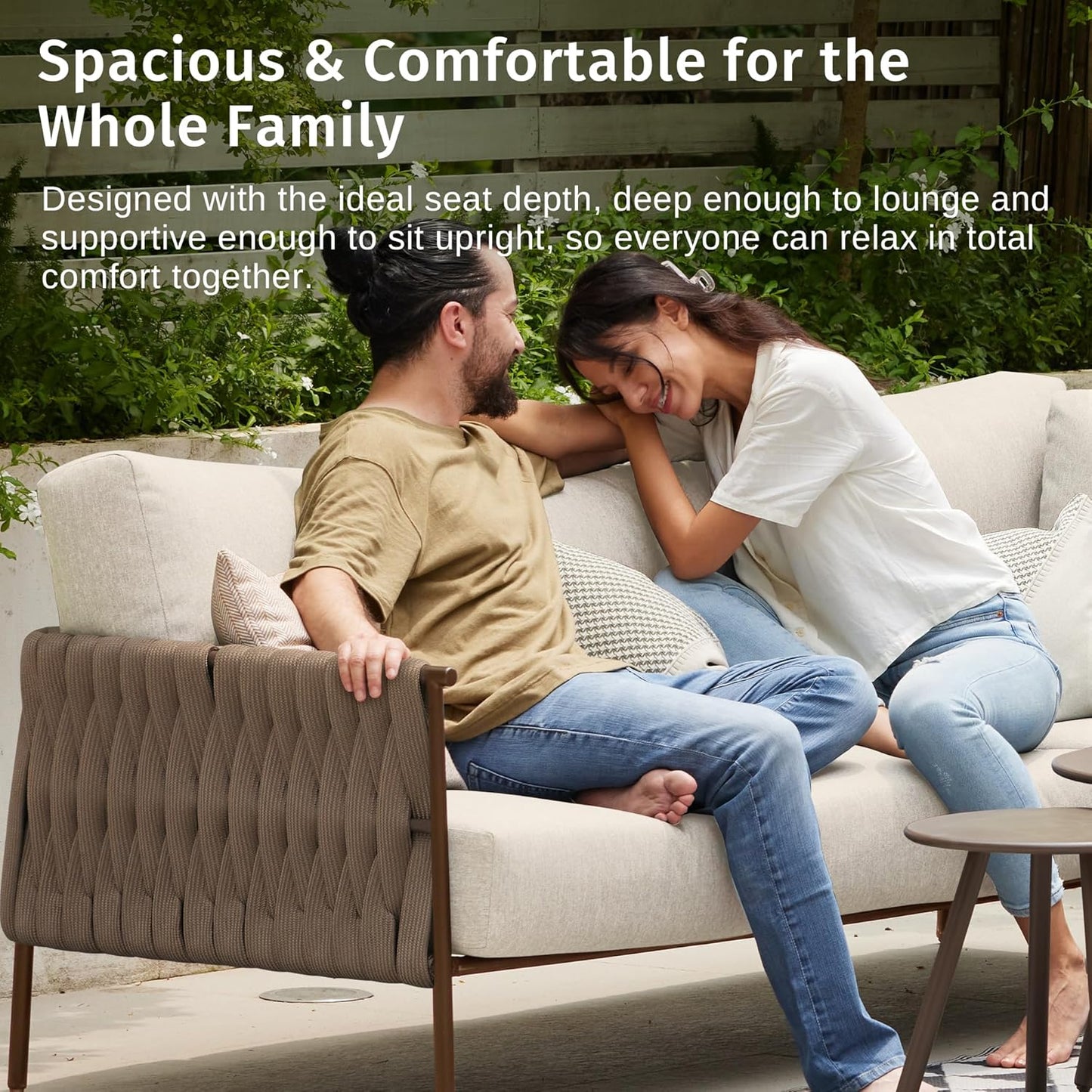 EAST OAK 3-Piece Patio Furniture Set | Life Chatter 4-Seat Outdoor Furniture | Sectional Sofa Set with Round Coffee Table | Deep Seating Sofa with Thick & Washable Cushions | Chestnut & Apricot