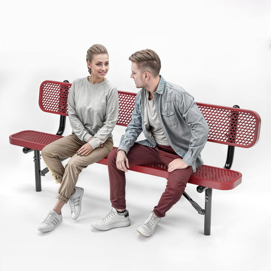 Heavy-Duty Outdoor Metal Bench, Thermoplastic-Coated, Inground, Weatherproof, Commercial-Grade for Parks, Gardens, Patios, Stores & More (6 Ft - Inground with Back, Red)