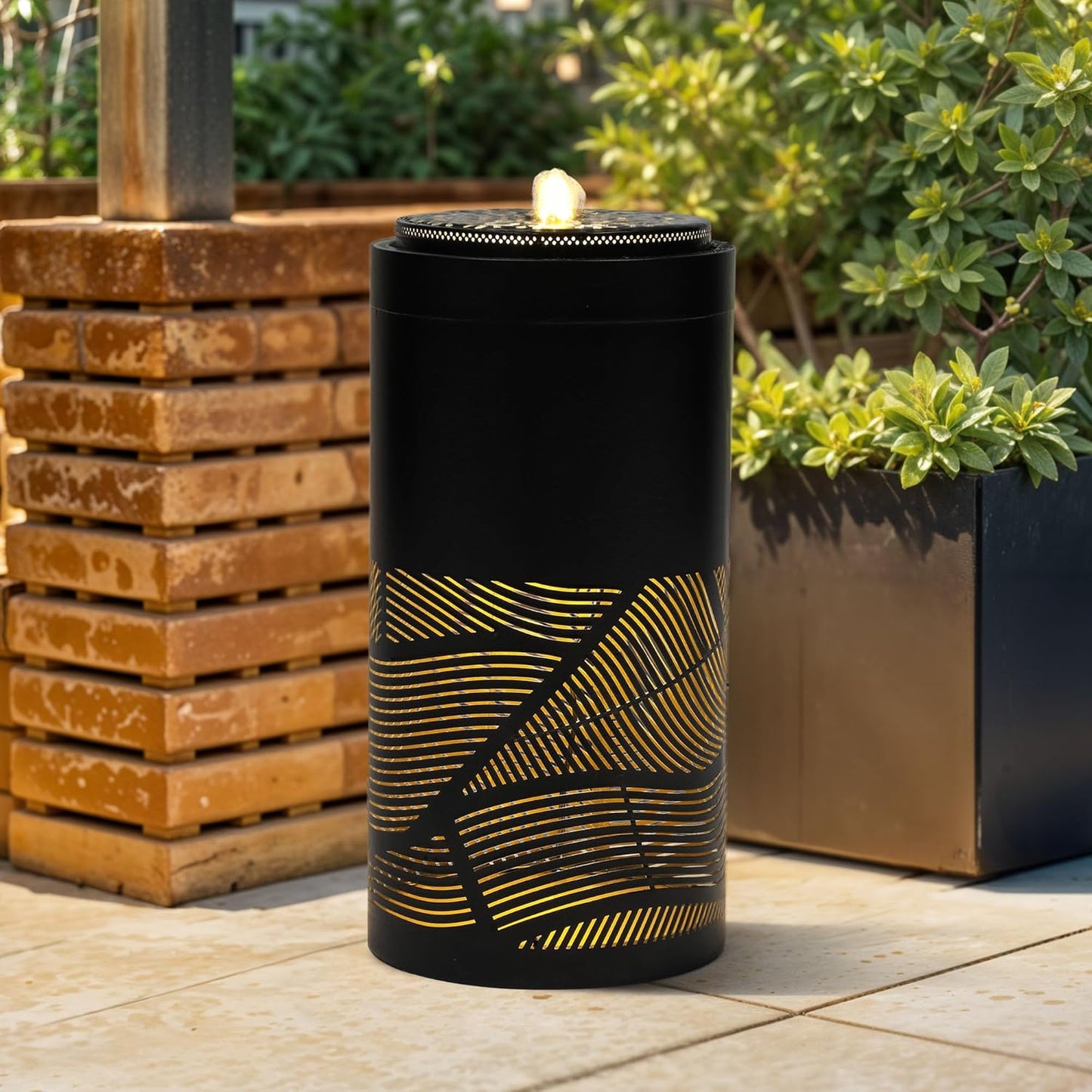 23.6" H Modern Metal Cutout Geometric Patterns Outdoor Water Fountain with LED Lights, Black Bird Bath Garden Fountain, Soothing Water Flow Creates Tranquil Ambiance for Patio, Deck, Porch Décor