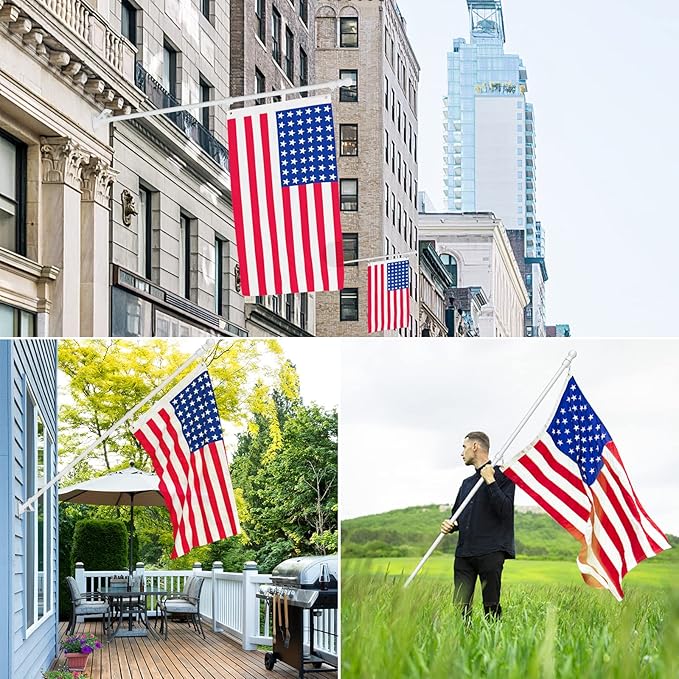 ZMTECH 2 Pcs 6 FT Flag Pole with Solar Light - Adjustable Bracket, Stainless Steel Flag Poles for Outside House, Tangle Free Flag Pole Holder Kit for American Flag (Without Flag, White)