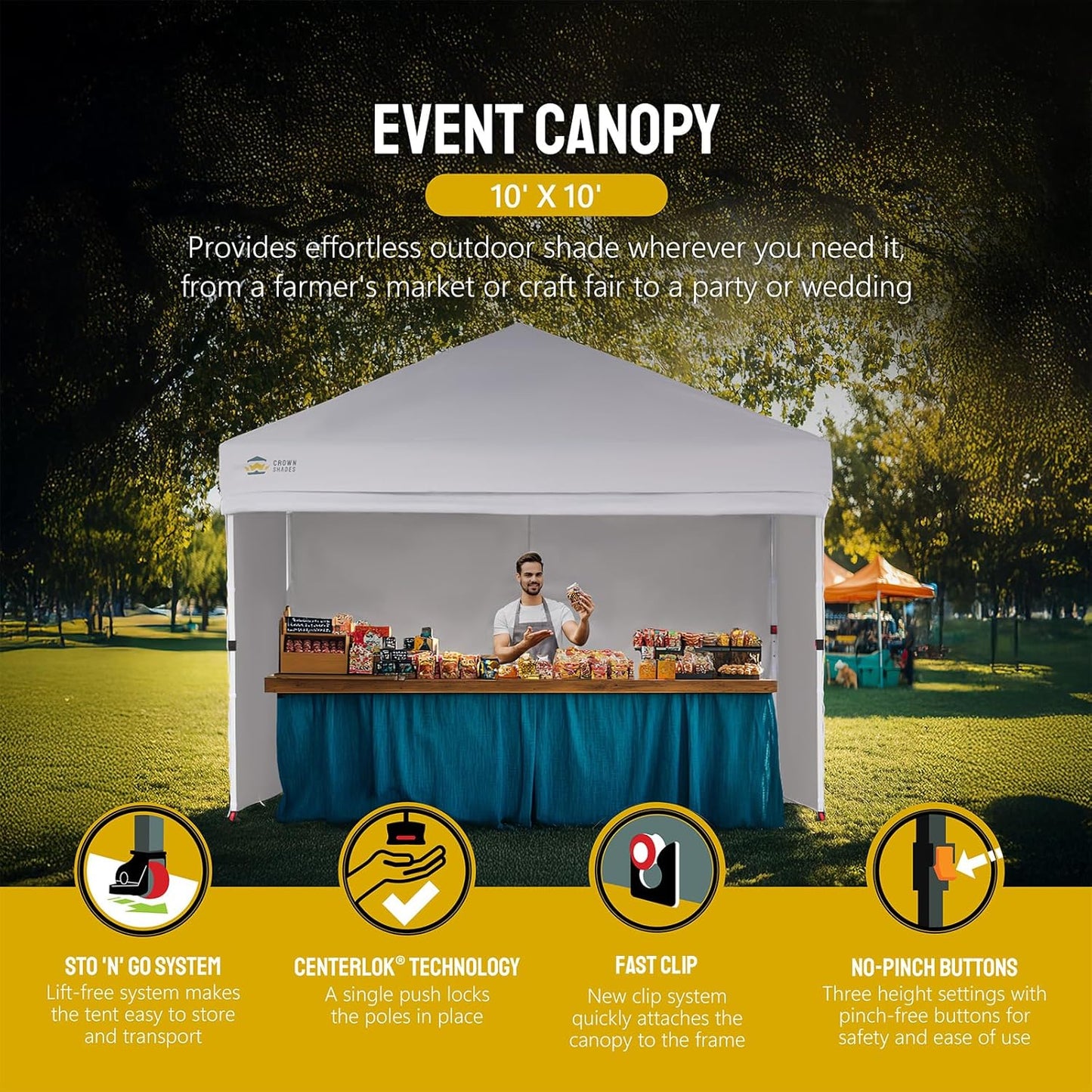 CROWN SHADES 10X10 Comercial Instant Canopy Pop Up Tent with Center Lock (10x10 with 4 Sidewalls, White)