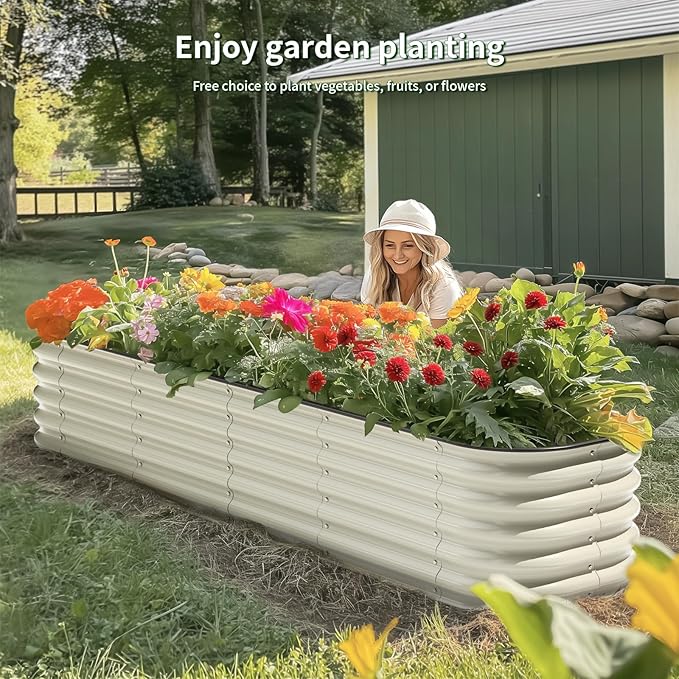 Enyu&You 8x2x1.5ft Galvanized Raised Garden Bed kit,Outdoor Oval Metal Planter Box for Planting Vegetables, Flowers,Fruits-White