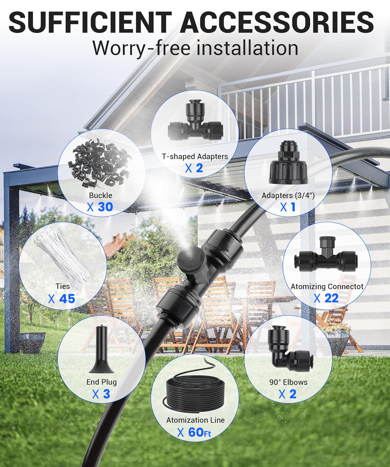 60FT Misters for Outside Patio Misters for Cooling (22 Mist Nozzles) Outdoor Water Patio Hose Greenhouse Mister System Outside Mist Backyard Trampoline for Waterpark Watering Misters for Cooling