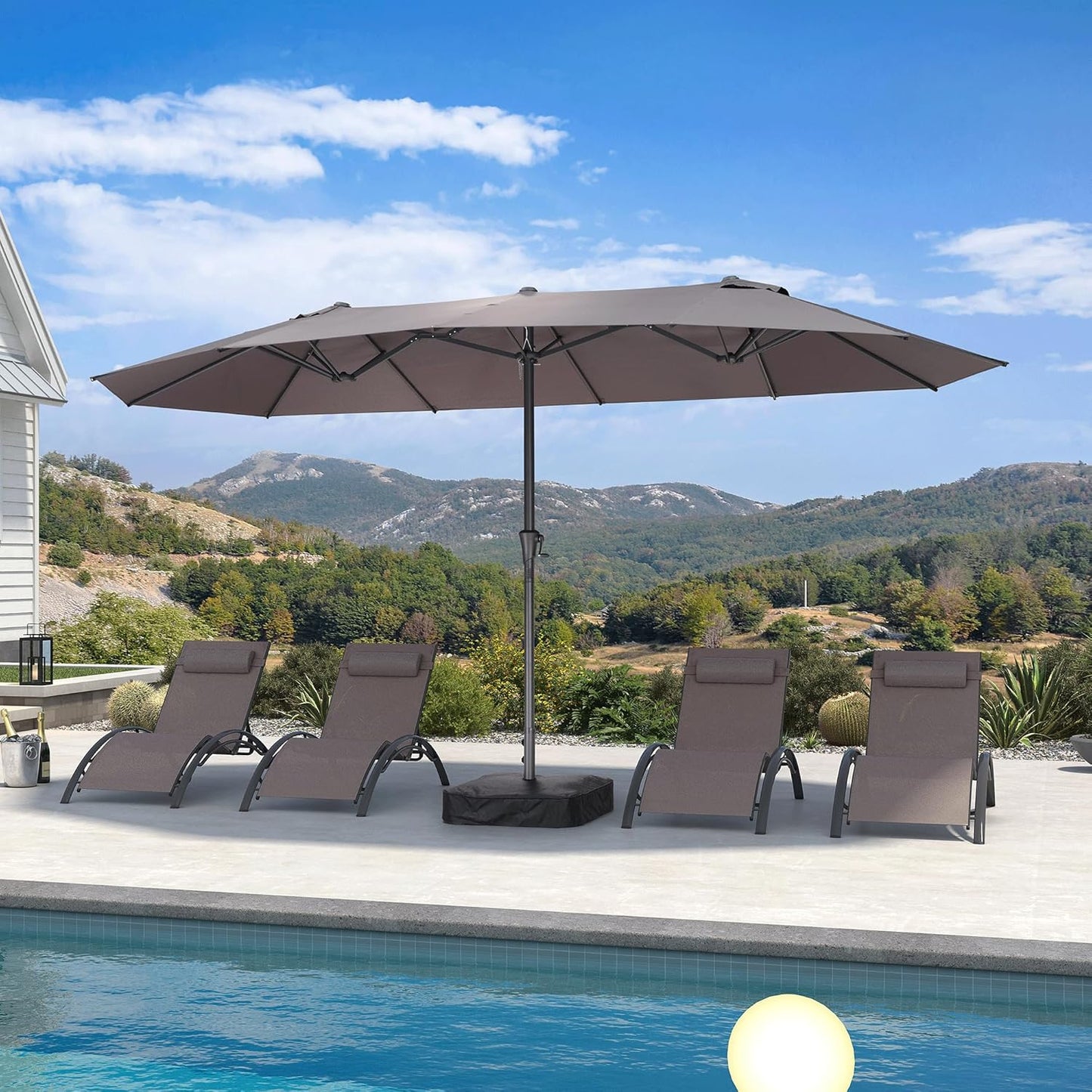 PURPLE LEAF 14ft Patio Market Umbrella Outdoor Double-Sided Umbrella with Base and Crank Rectangle Table Umbrella for Pool Deck Garden, Light Grey