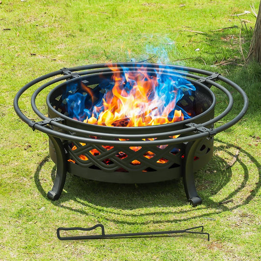 36 Inch Fire Pit with 2 Loops,Crossweave Wood Burning Fire Pits for Outside,with Spark Screen,Fire Poker,Round Outdoor Firepit for Patio,Yard,Garden,Camping,Bonfire(36''Black)
