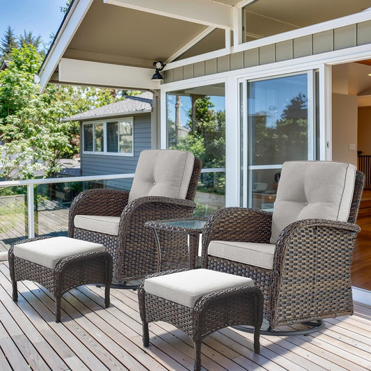 HUMMUH 5 Pieces Wicker Patio Furniture Set,Outdoor Swivel Gliders Rocker,Patio Ottomans,Glass Top Side Table,Outdoor Conversation Set for Porch Deck Backyard Poolside