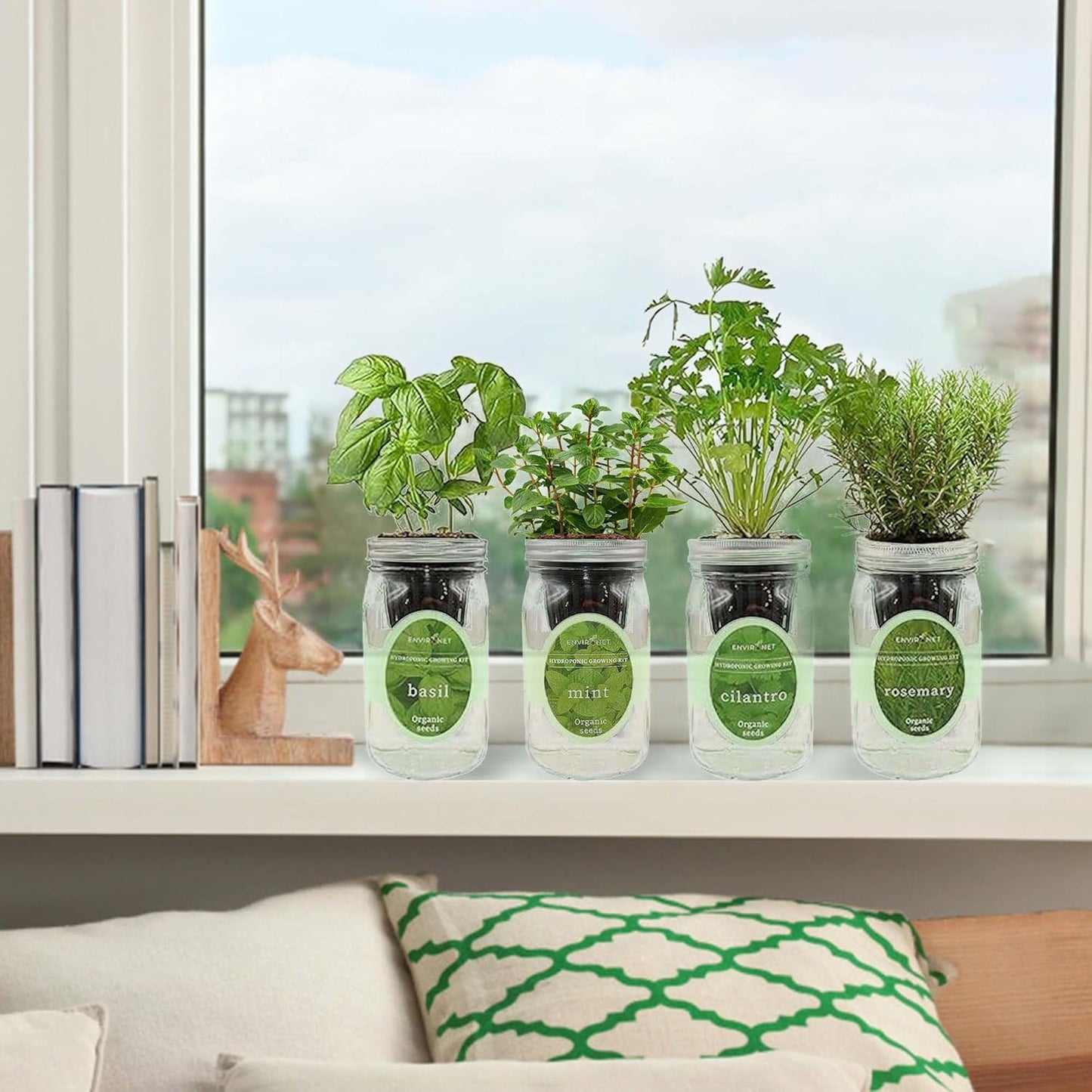 Hydroponic Herb Growing Kit Set, Self-Watering Mason Jar Herb Garden Starter Kit Indoor, Grow 4 Kinds of Herbs from Seeds (Basil, Mint, Cilantro & Rosemary)