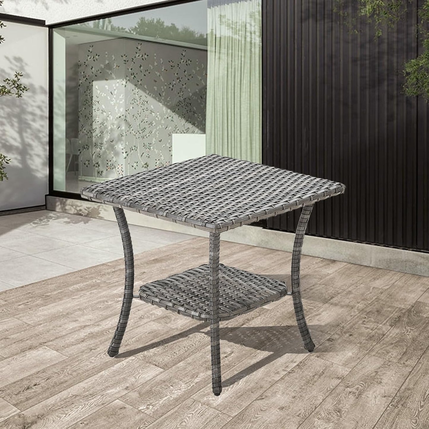 Patio Tables Outdoor Coffee Table - Wicker Rattan Side Tables with 2-Tier Storage Shelf End Table for Porch Deck Balcony Garden Outside Square Mixed Grey