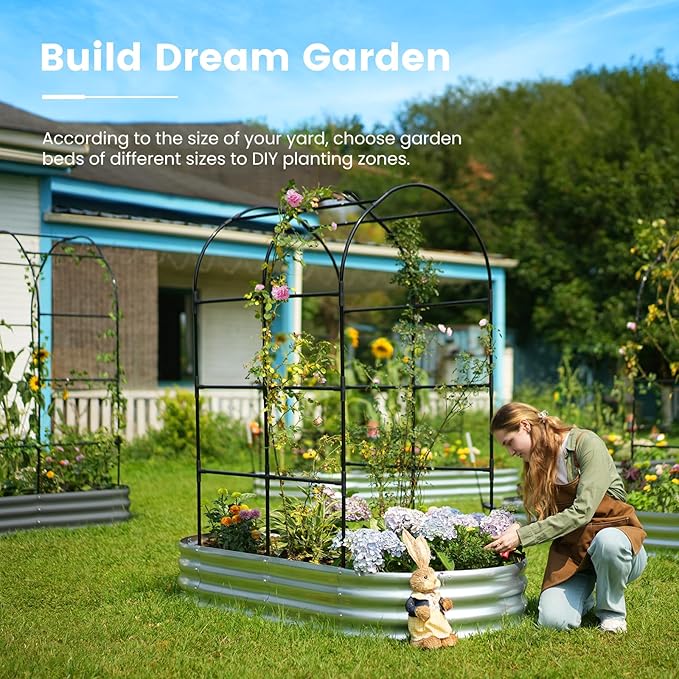 KING BIRD Raised Garden Bed with Arched Trellis Galvanized Planter Garden Box Outdoor for Gardening, Climbing Vegetables, Flowers 5.9x2.95x0.98 Ft, Silver