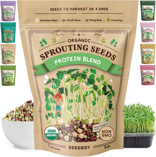 Seedboy Organic Sprouting Seeds - Protein Blend Variety - Non-GMO, USA Grown Microgreens Mix - Garbanzo, Mung, Adzuki Beans, Green Pea - Makes 2 Quarts of Sprouts, 12 Servings (8 oz) (Protein Blend)