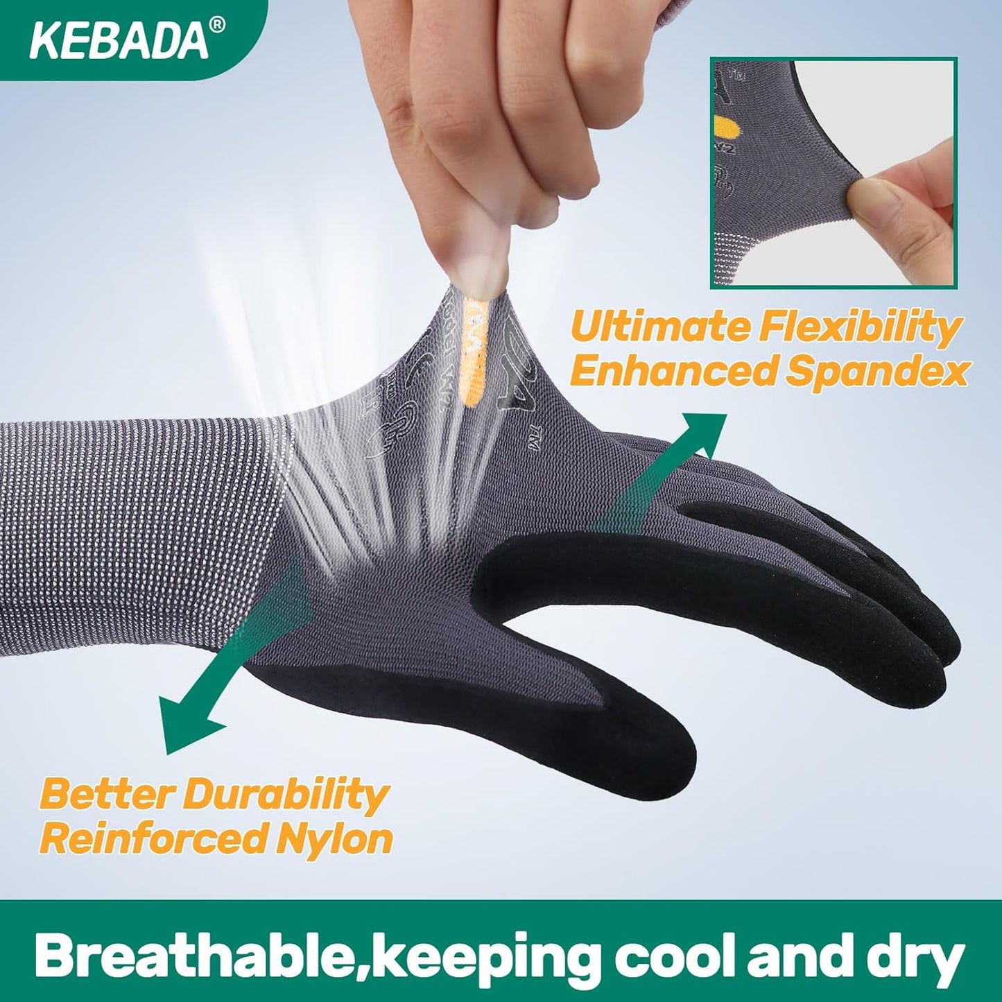 Kebada W2 Work Gloves for Men and Women, Nitrile Coated Working Gloves for Gardening, Construction, Warehouse, Safety Gloves for Work in Yard and Outdoors, 6 Pairs, Medium