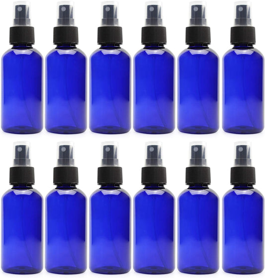 Cornucopia 4oz Blue PLASTIC Fine Mist Spray Bottles (12-Pack); BPA-Free Plastic Spritzer Bottles, Labels Included; PET #1 Plastic Bottles