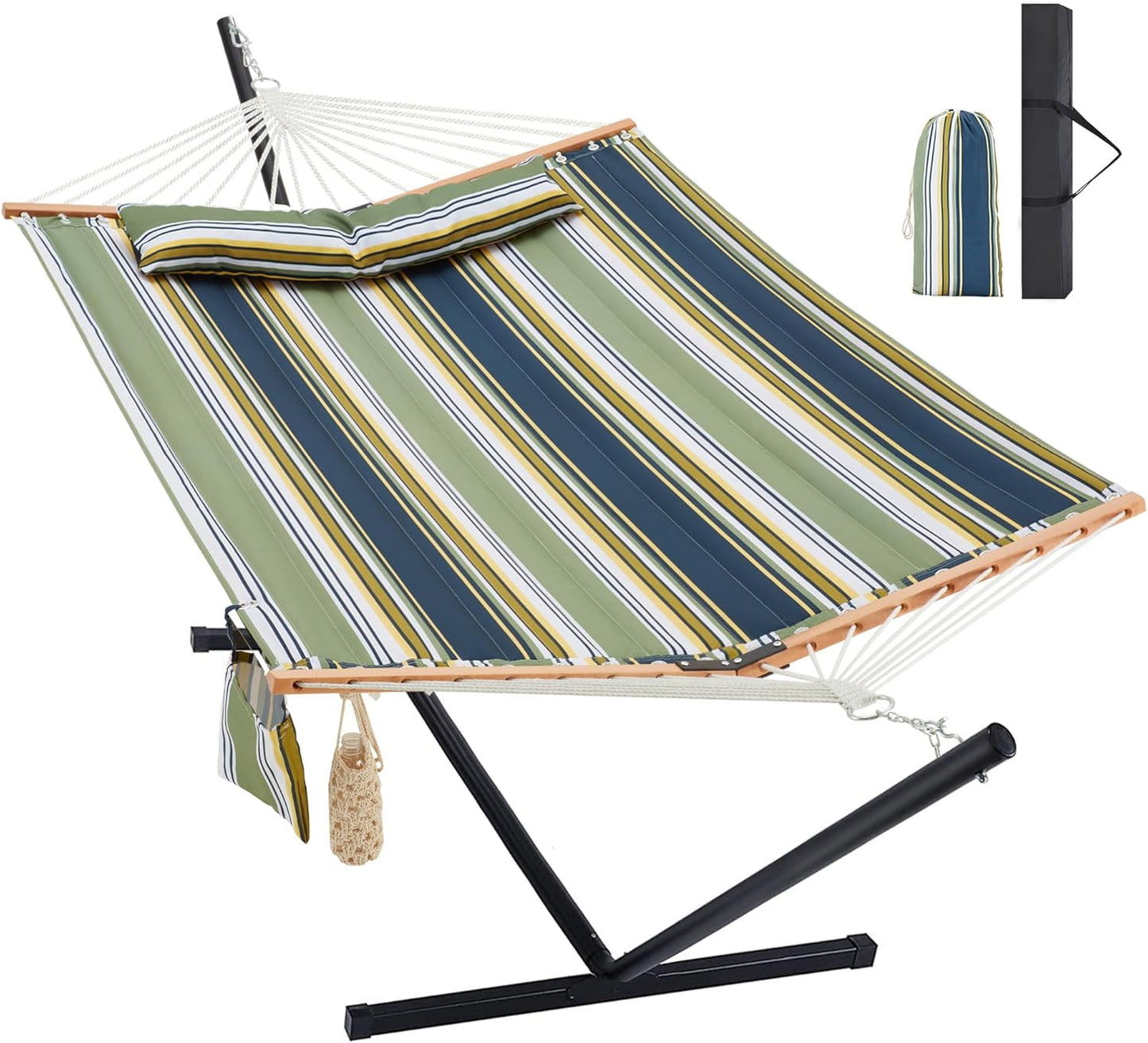 Two Person Hammock with Stand Heavy Duty, Outdoor Patio Hammock with Portable Steel Stand, Large Double Hammocks,480lbs Capacity.(Grey Stripes)