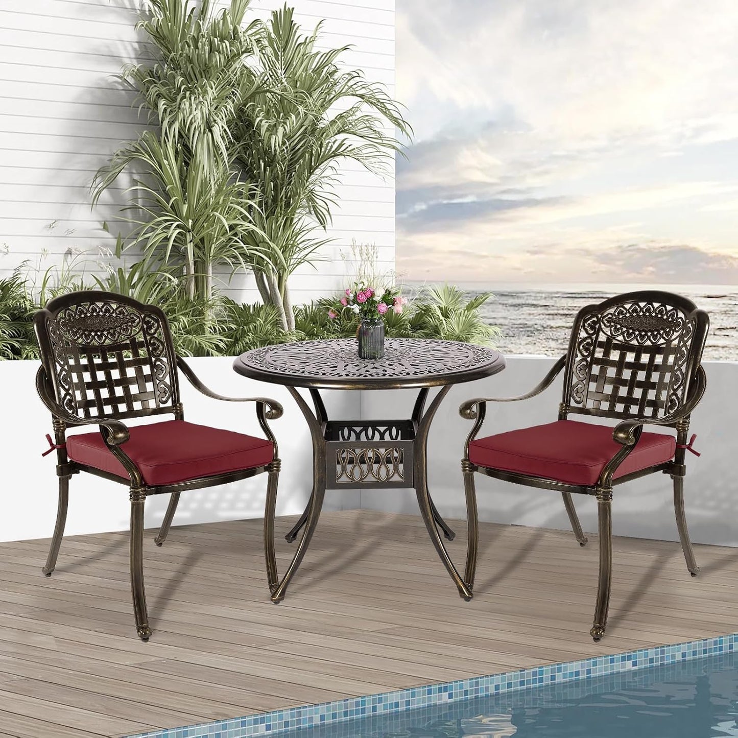 3-Piece Outdoor Patio Dining Set, All-Weather Cast Aluminum Patio Furniture Set for Backyard Garden Deck with 2 Cushioned Chairs and 35.4” Round Table, 2" Umbrella Hole, Chili Red