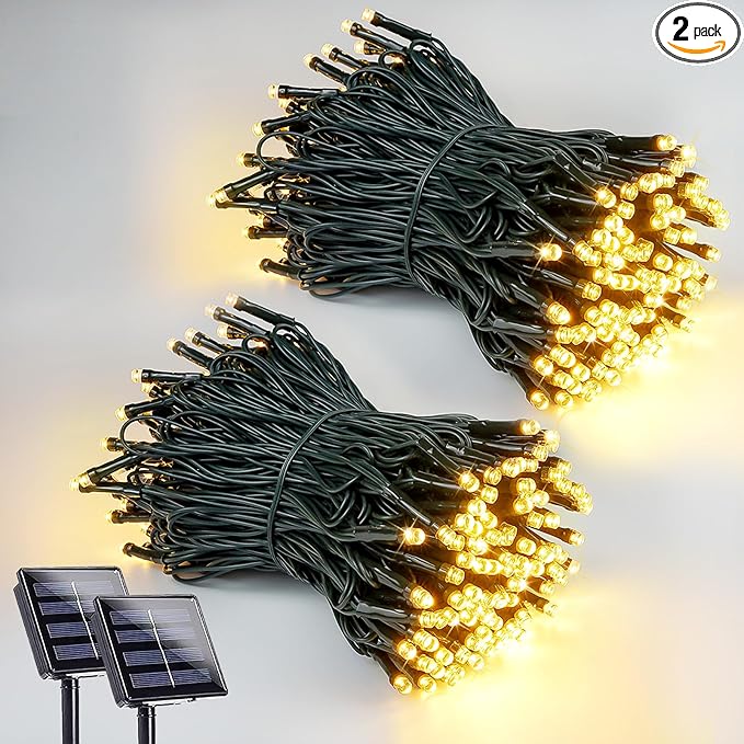 2 Pack 200 LED Solar String Lights for Outside, Solar Christmas Lights Outdoor Waterproof, Solar Outdoor String Light with 8 Lighting Modes for Xmas Tree Wedding Party Garden Decorations (Warm White)