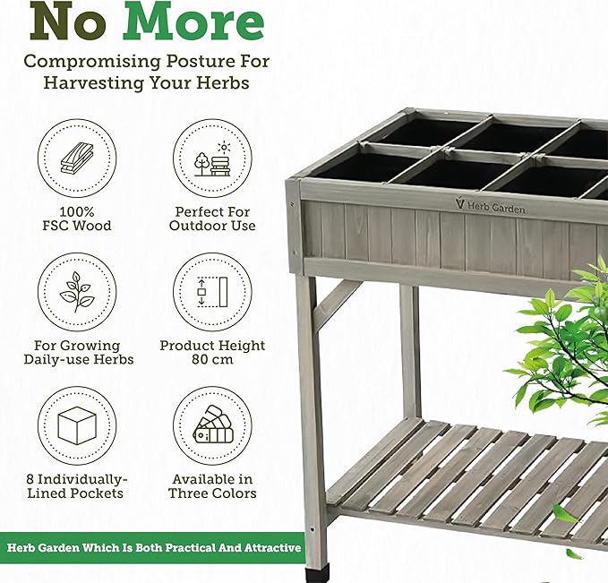 VegTrug 8 Pocket Herb Garden, Wooden Herb Planter with Herb Snips, Gray Wash