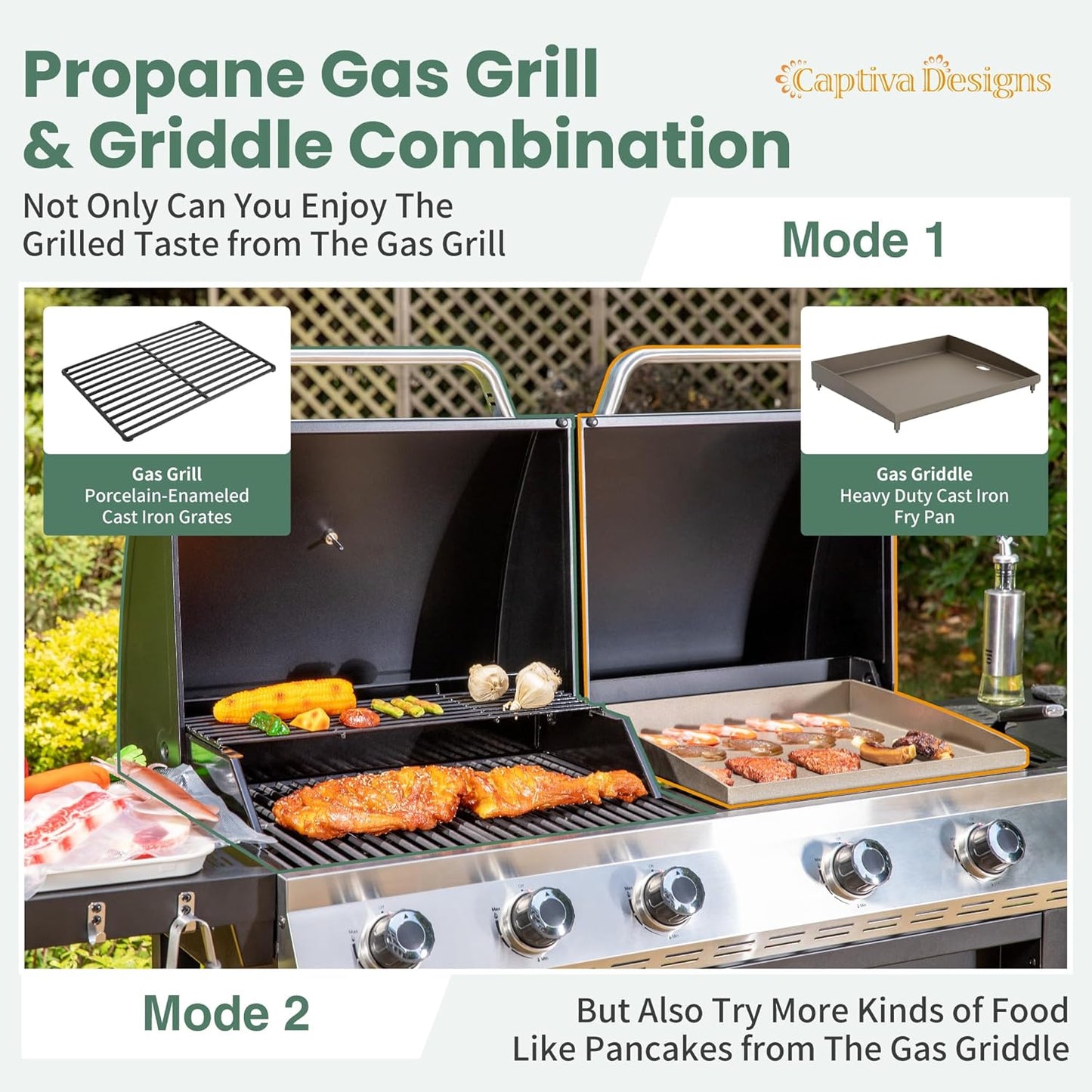Captiva Designs Propane Gas Griddle Grill Combo with Porcelain-Enameled Cast Iron Grate & Cast Iron Pan, Dual BBQ Grill With Flat Top Griddle for Outdoor Kitchen & Backyard Barbecue,696 SQIN Cook Area