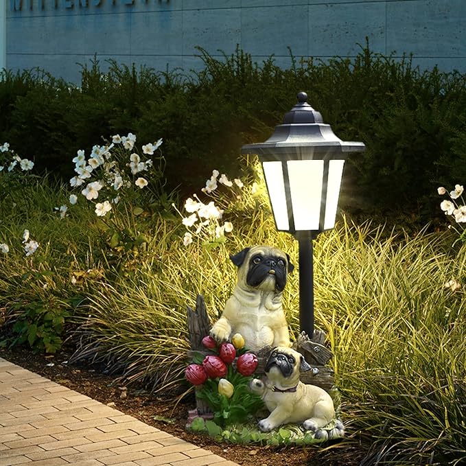 Solar Garden Outdoor Decor Statues Country Farm Pug Dogs with Light,Outside-Outdoor Decorations Sculptures for Patio Yard Lawn Walkway Ornaments Clearance Gifts for Mom Grandma Birthday