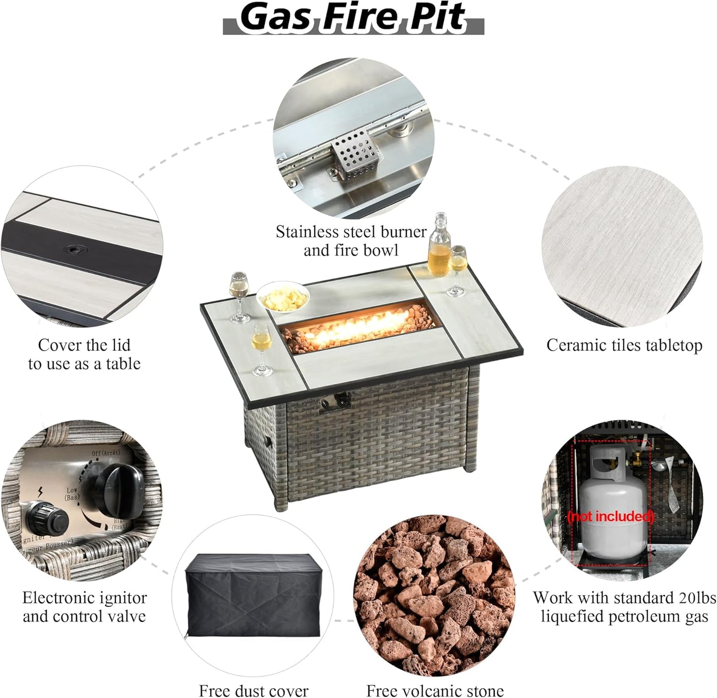 HOOOWOOO 9 Piece Modular Patio Outdoor Sectional Furniture Set with Large Propane Fire Pit Table,Wicker Conversation Sofa Set with Swivel Chairs,Outside Couch Set(Grey Stripes)