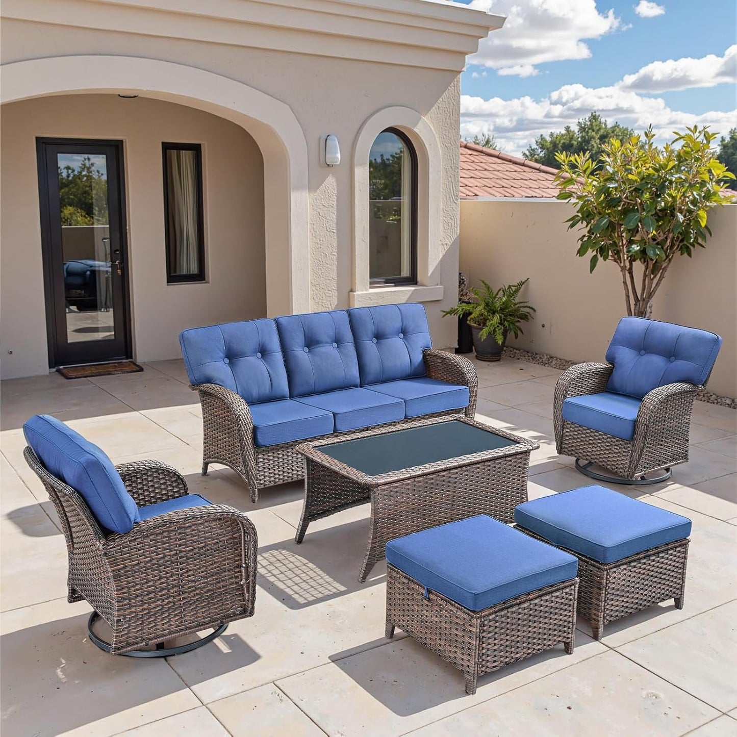 6-Piece Rotating Balcony Chair Set with 31-inch T-Shaped Wide backrest - Rattan Outdoor Rotating Balcony Chairs, Wide backrest Comfortable Outdoor Sliding Chair - Brown | Blue