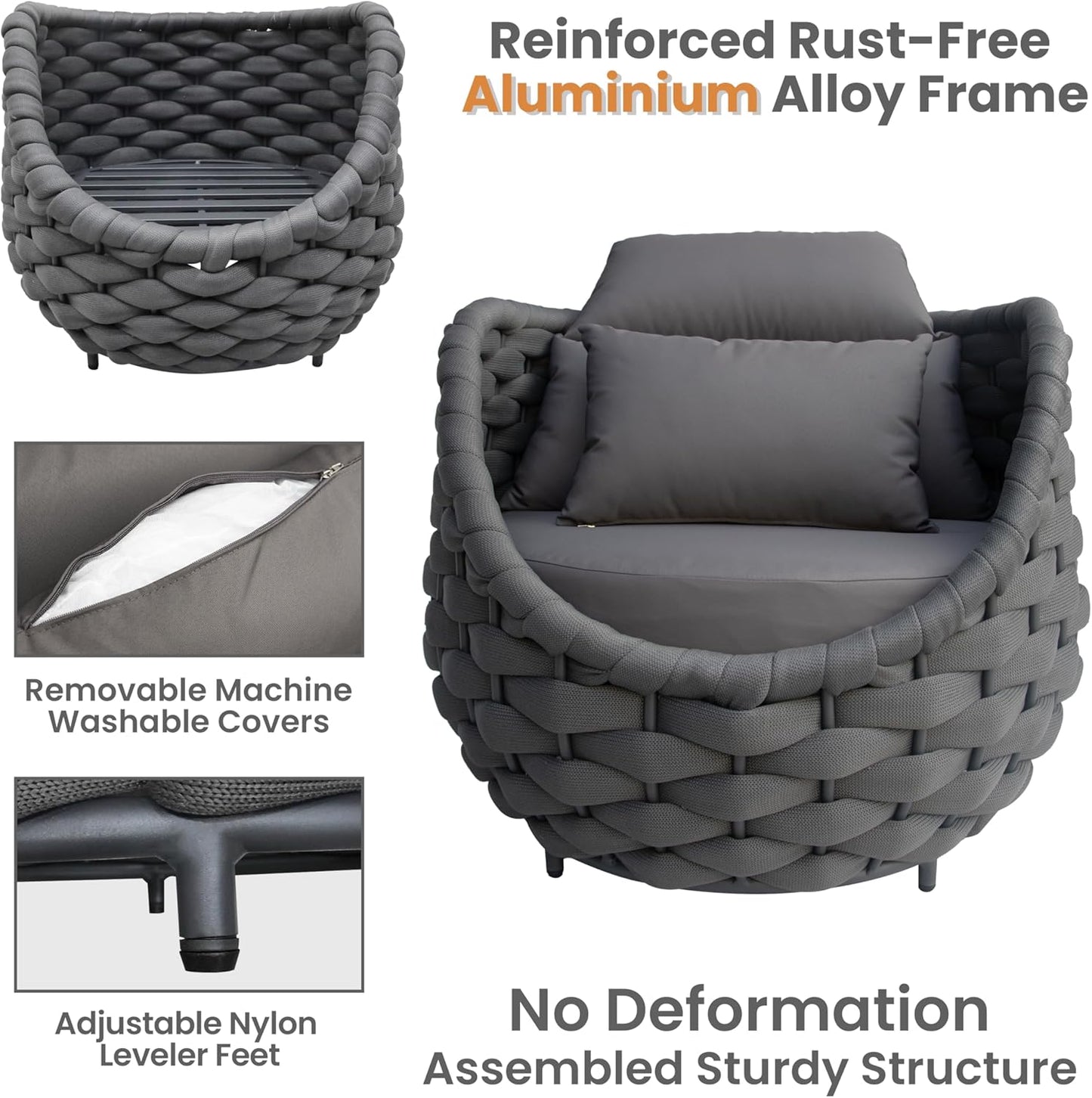 Rope Patio Furniture Set: 4 Pieces Aluminum Outdoor Couch Set Cushioned - Assembled Porch Conversation Sofa Set Modern - Metal Patio Seating for 5 Person Deck Garden Poolside Hotel, Dark Gray