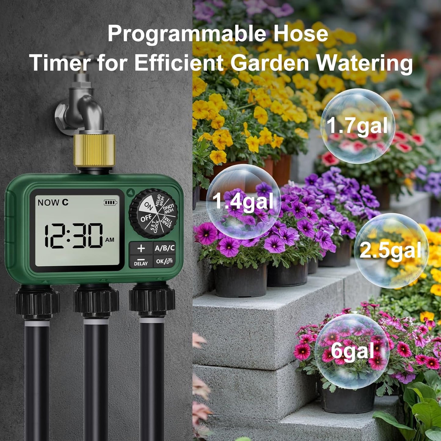 3 Outlet Sprinkler Timer Brass, Programmable Garden Hose Timer with Rain Delay, Manual& Automatic Watering System, Waterproof Gardening Supplies Irrigation Controller for 3 Separate Water Zones