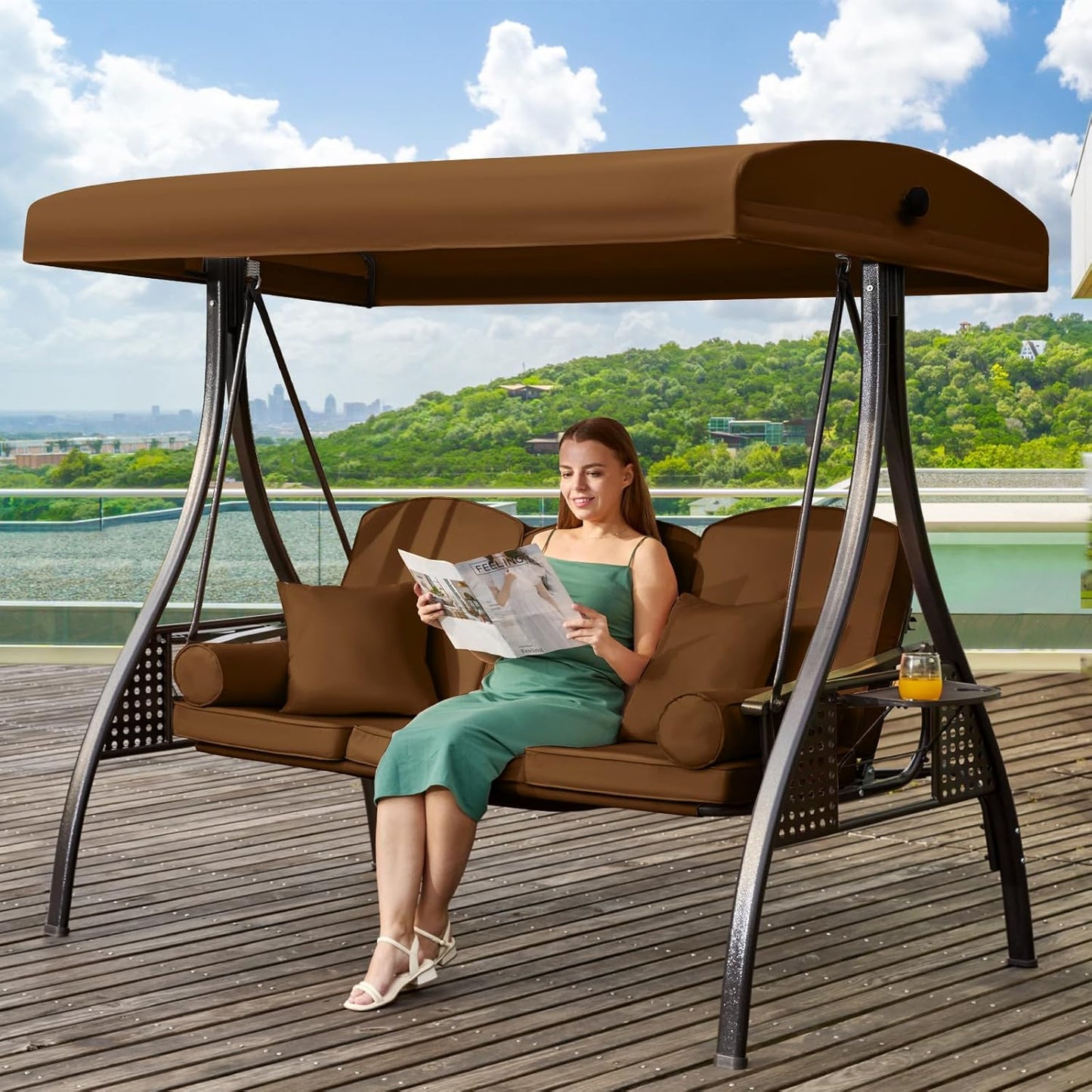 3 in 1 Outdoor Porch Swing with Adjustable Canopy, 3 Seat Outdoor Swing for Adults, Patio Swing Chair with Thickened Cushions,Pillows & Cup Holders for Backyard, Porch, Garden (Brown)