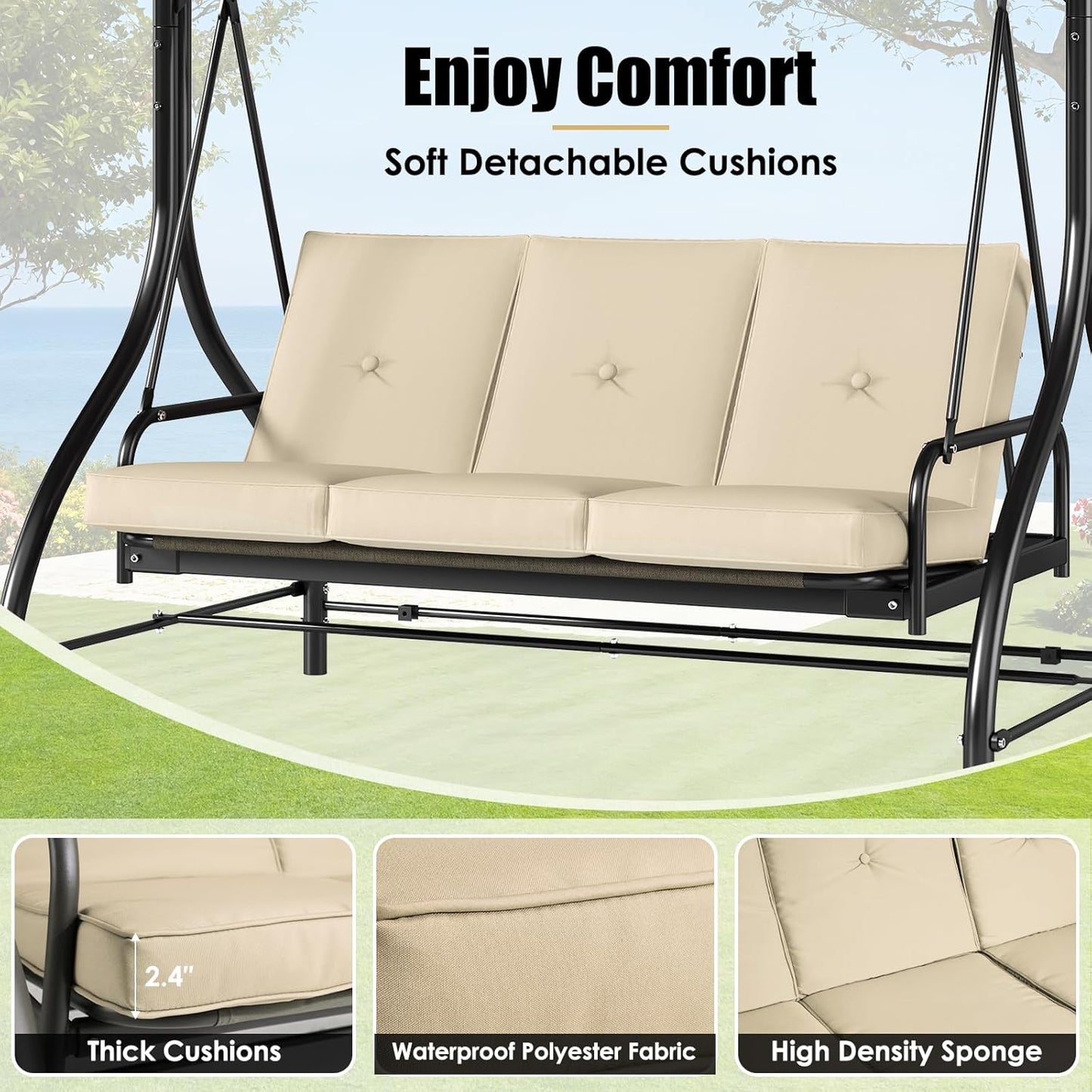 MAMIZO 3-Seat Patio Swing with Adjustable Canopy & Backrest, Outdoor Porch Swing Chair for Adults, Outside Porch Converting Bed Thickened Removable Cushions, 2mm Steel Pipe, for Garden, 750LBS (Beige)