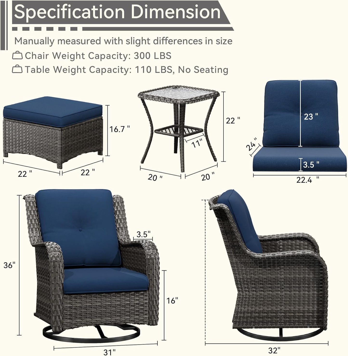 5 Piece Outdoor Patio Furniture Set Wicker Conversation Set Swivel Rocking Chairs with Side Table and Ottomans for Backyard, Porch, Deck, Blue