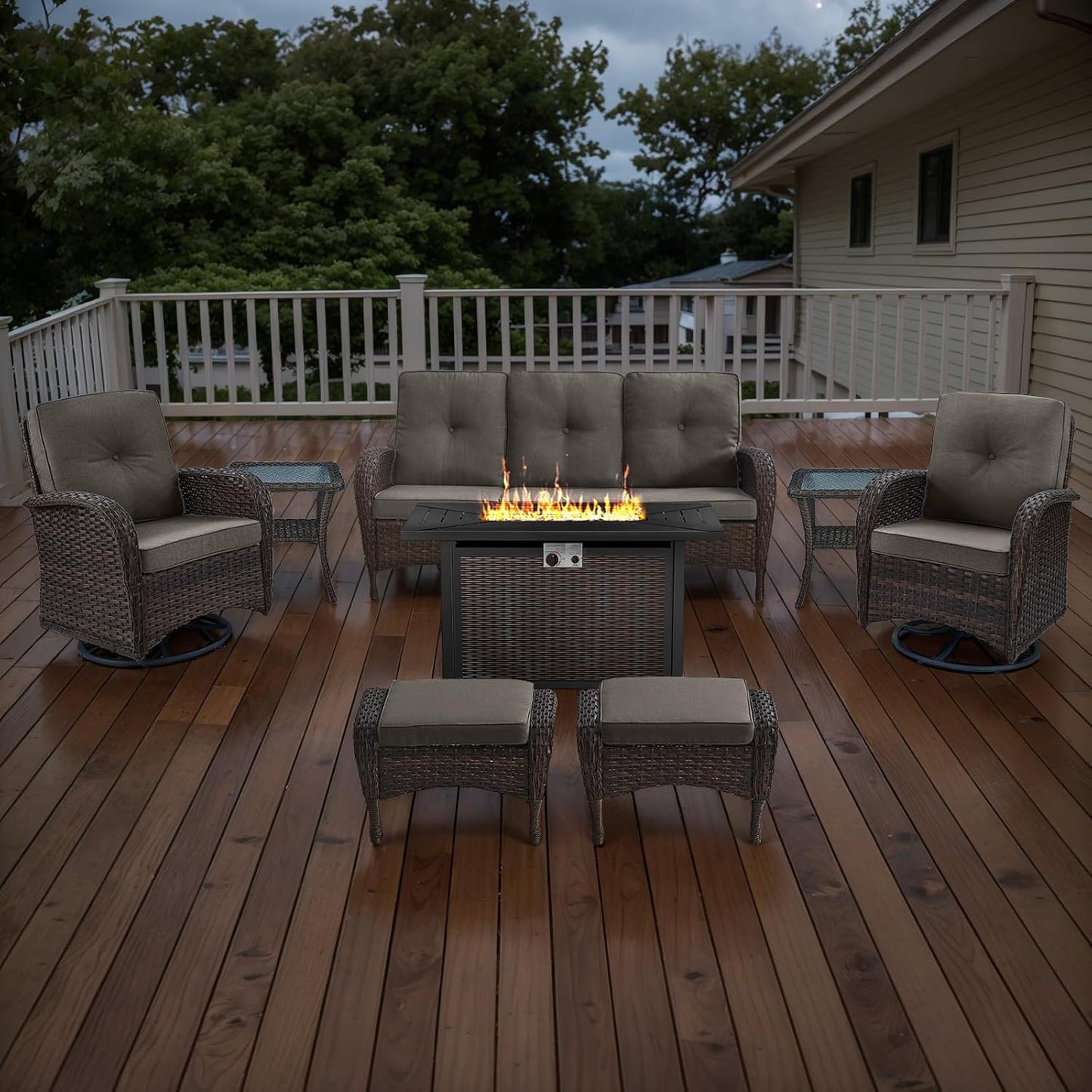 8 Piece Patio Furniture Set with 50000 BTU Propane Fire Pit Table, Outdoor Conversation Set with 2 Swivel Rocker Chairs Wicker Sofa and Ottomans for Casual Gatherings Grey