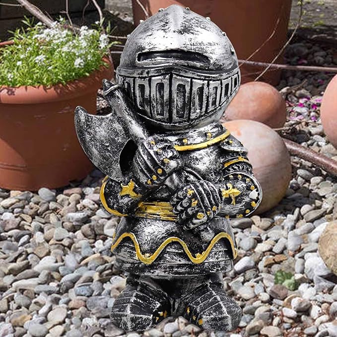 nezababy Knight Gnomes Guard Garden Statue Decoration Medieval Wee Crusader Battle Swordsman Fighting Outdoor Figurines Lawn Decor Resin (D)