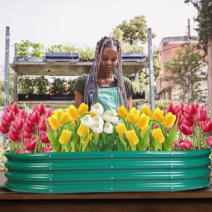 Raised Garden Bed Galvanized Planter Box Outdoor, Rot-Resistant Metal Garden Bed Planter for Vegetables Flower Herb (4- Green)