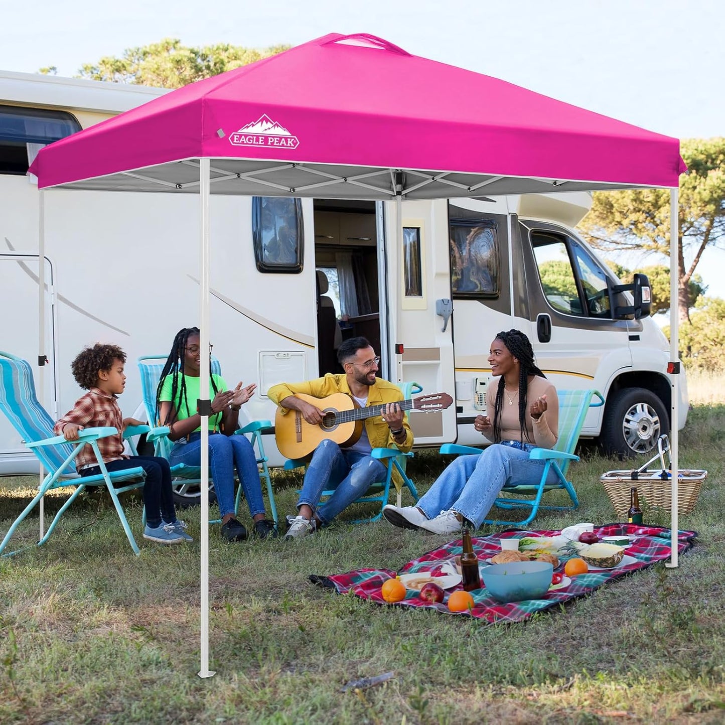 EAGLE PEAK Pop Up Canopy Tent with Wheeled Carry Bag, 8 Stakes, 4 Ropes, Easy Set Up Tent Canopy, 8x8 ft, Pink